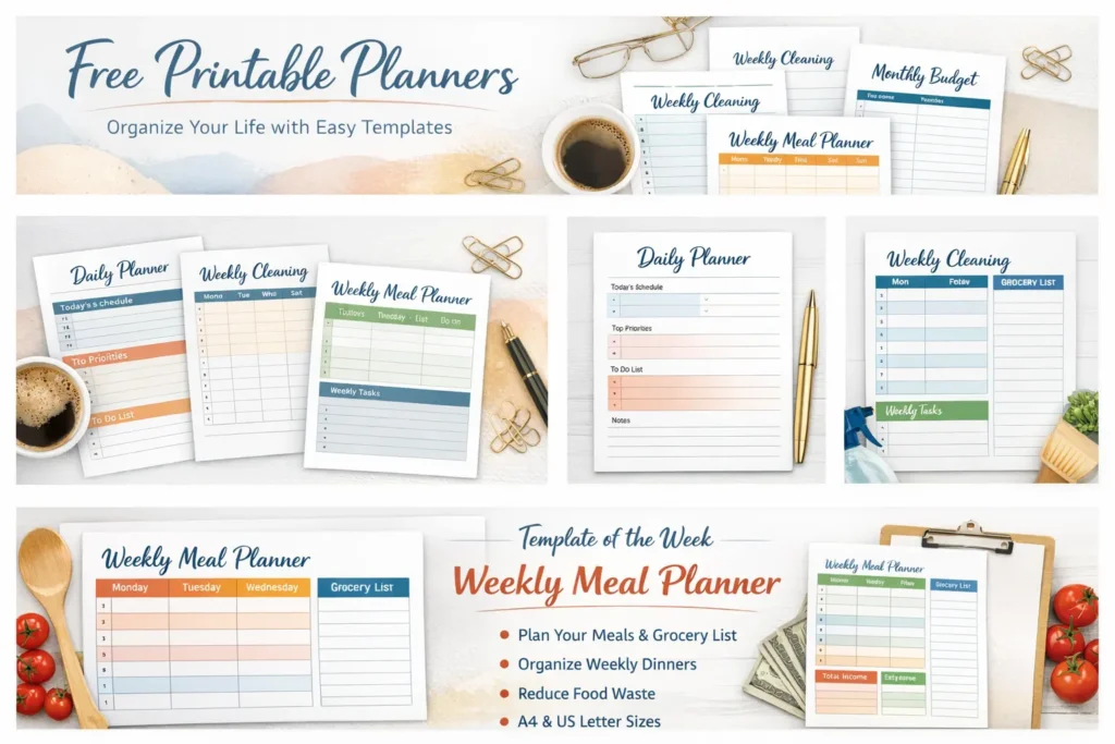 home 1 free printable planners collage showing daily weekly meal and monthly budget templates on light wood desk