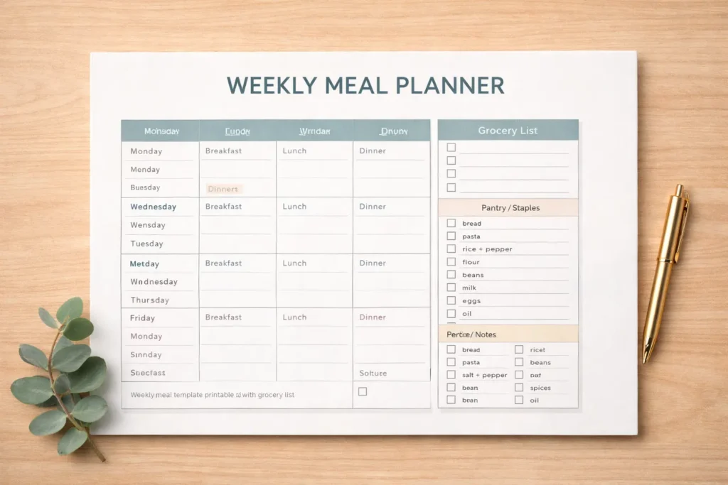 weekly meal planner template printable pdf with grocery list