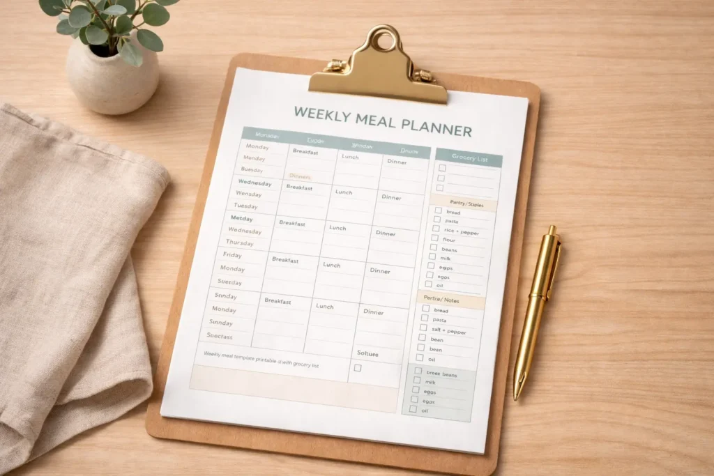 weekly meal planner printable with grocery list on clipboard