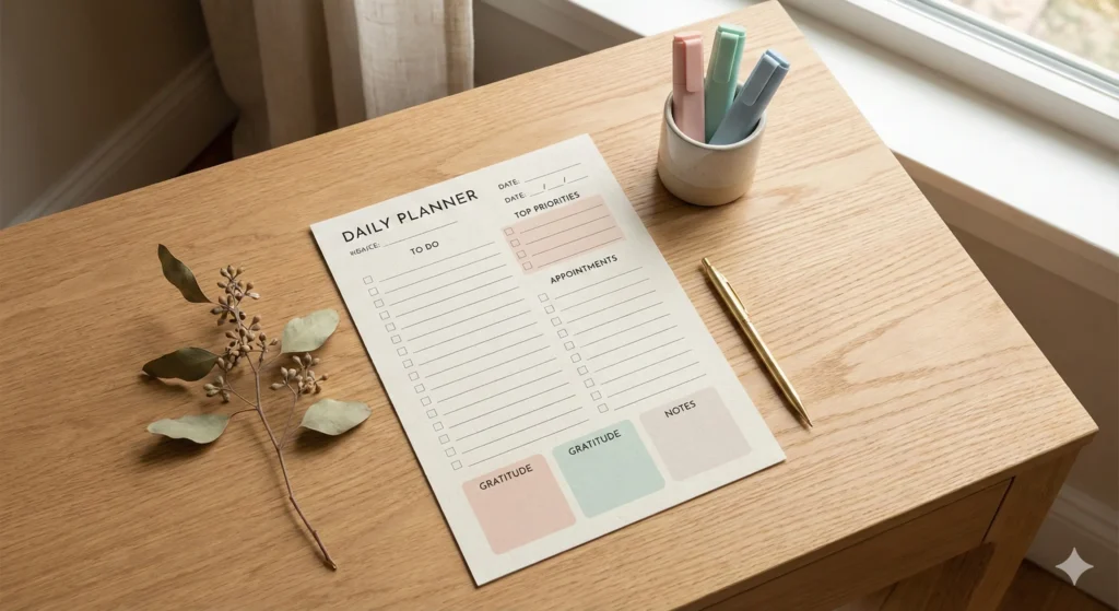daily planner template printable pdf with hourly schedule priorities and checklist in pastel minimalist layout