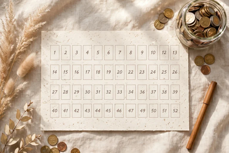 52-week savings challenge printable with numbered savings boxes