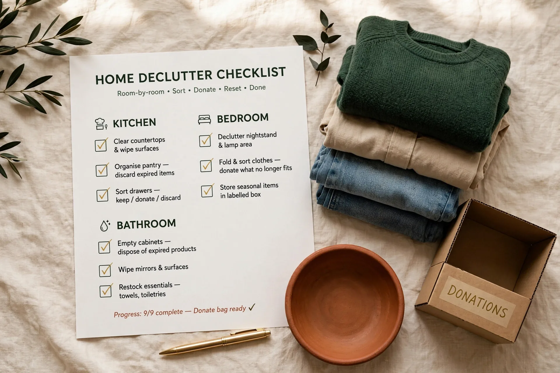 Declutter checklist printable with room-by-room checklists for the kitchen, bedroom, bathroom and living room