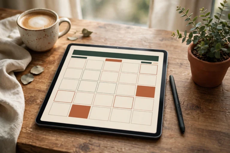 Free digital planner on an iPad showing a monthly calendar layout with a stylus, coffee and plant on a desk