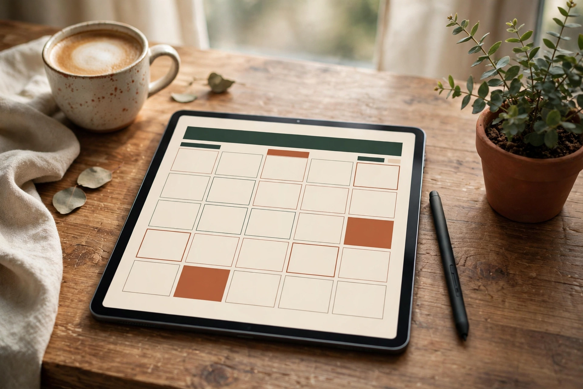 Free digital planner on an iPad showing a monthly calendar layout with a stylus, coffee and plant on a desk