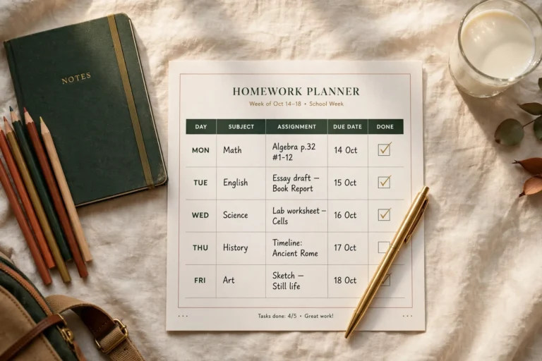 Homework planner printable with a weekly table by subject and day, due dates, done boxes and parent notes