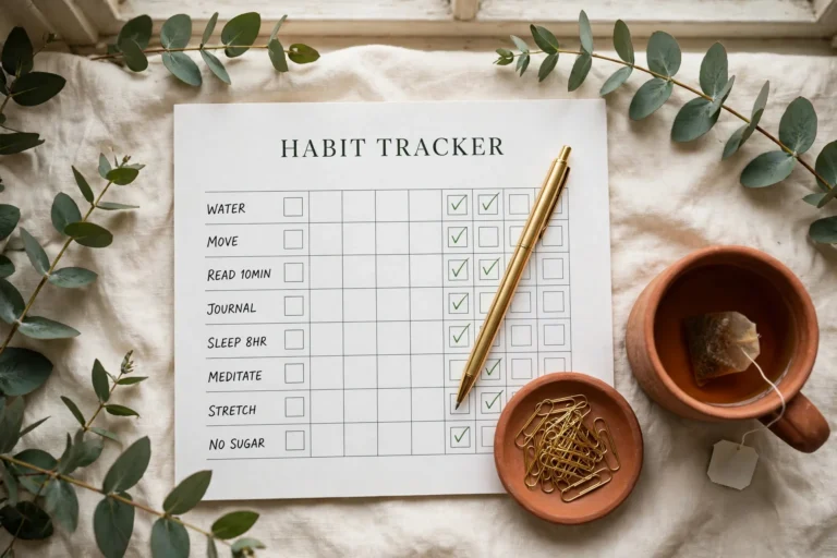 Monthly habit tracker printable with a habits-by-days grid, 31 day columns and a month review strip