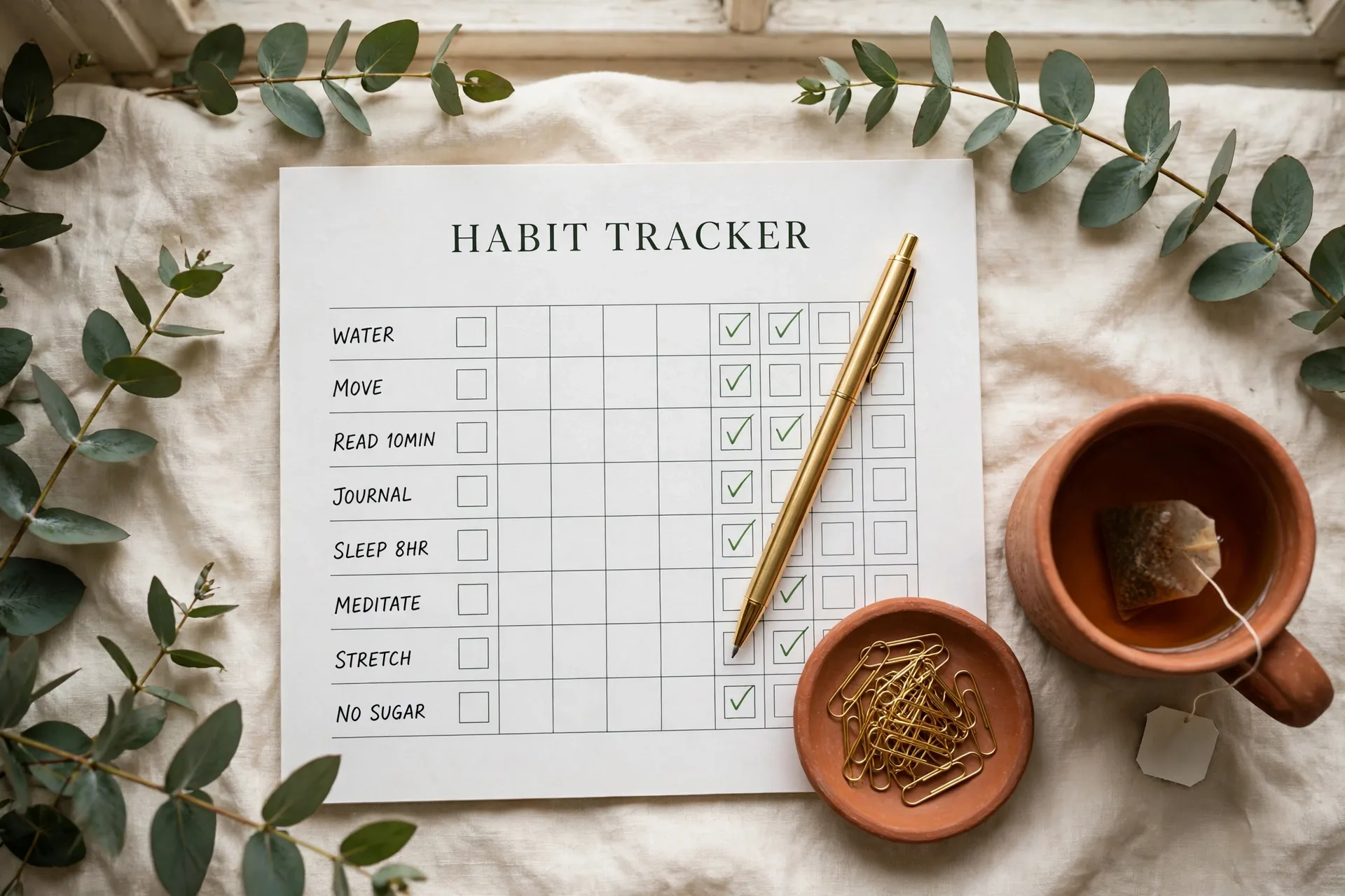 Monthly habit tracker printable with a habits-by-days grid, 31 day columns and a month review strip