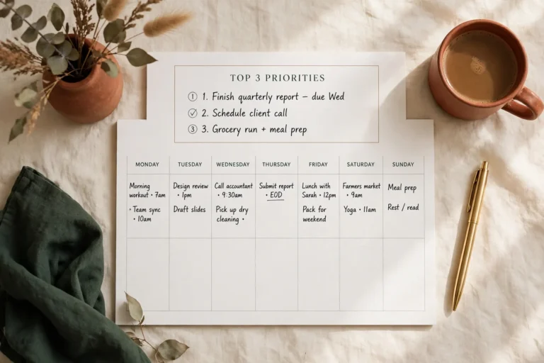 Weekly planner printable with a Monday to Sunday grid, top 3 priorities and notes box